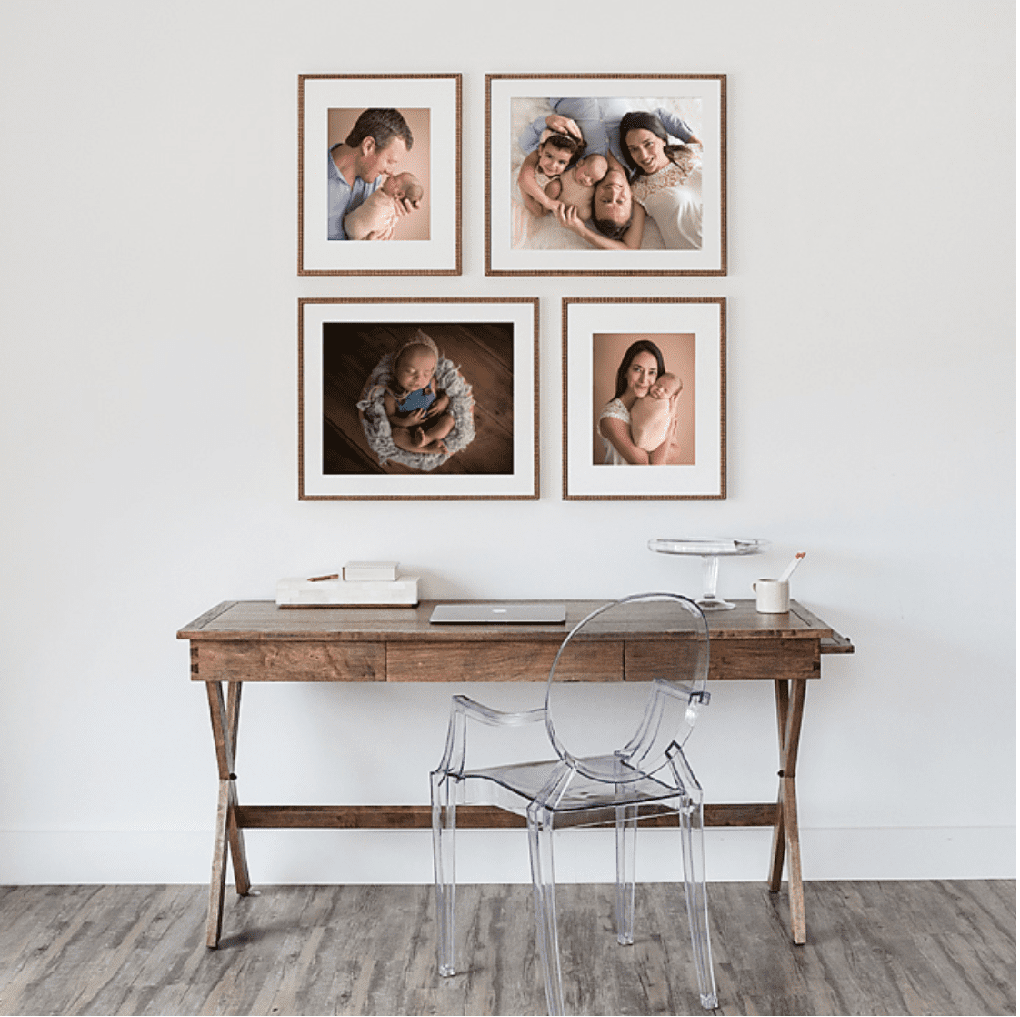 Sample of a wall with frames of south florida newborn photos